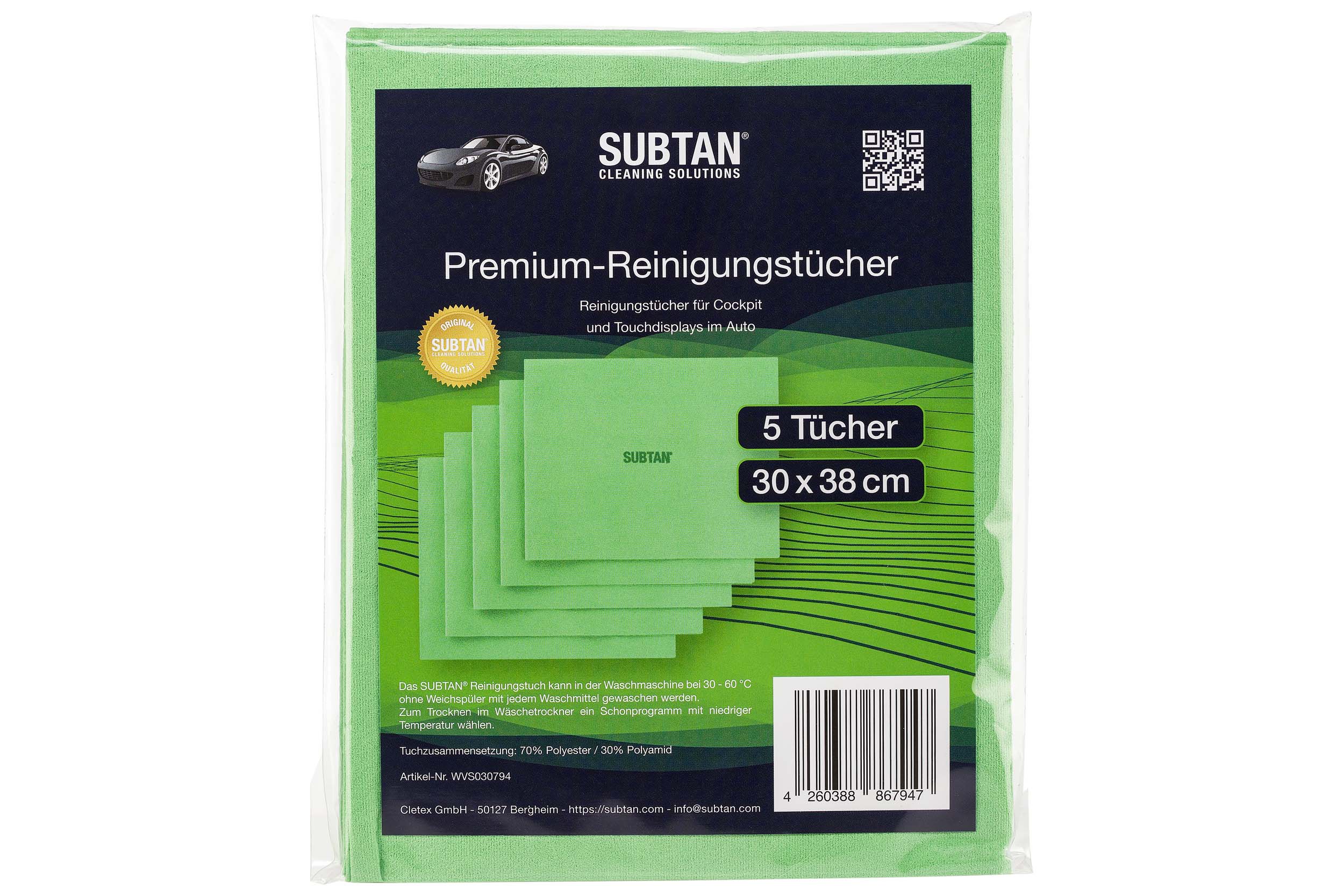 SUBTAN® Premium-Reinigungstücher für Cockpit und Touchdisplays - 5er Set